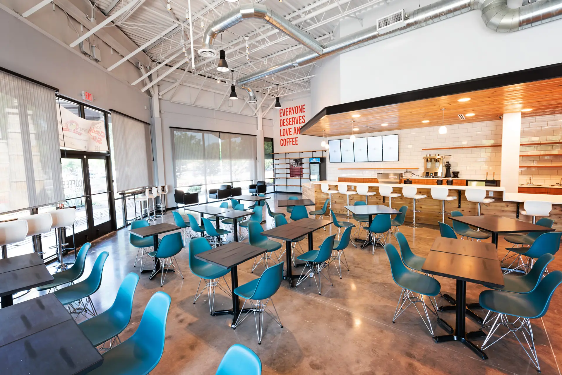 Exterior view of Just Love Coffee Café at Wolf Ranch Shopping Center in Georgetown, Texas